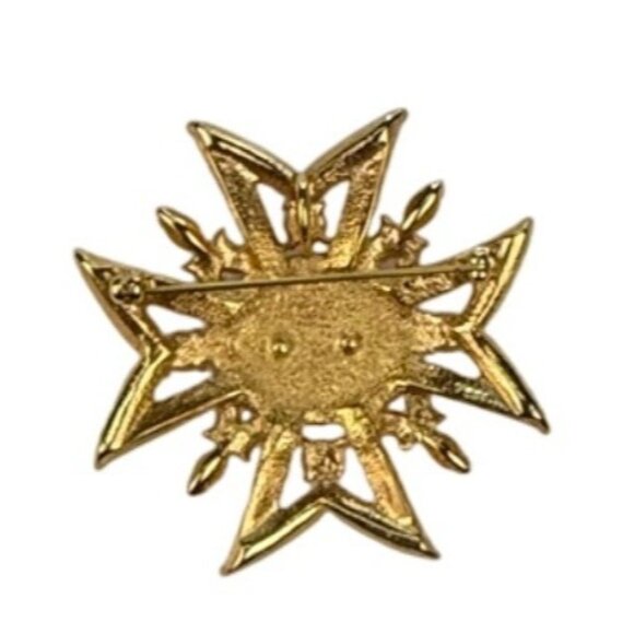 Gold Tone Red & White Faux Pearl Rhinestone Cross Lapel Pin Brooch Ornate Design - Picture 2 of 3